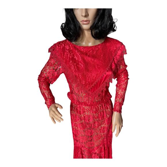 Vintage 1980s Red Lace Art Deco Revival Evening Gown Sheer Maxi Dress
 size XS-S - Picture 14 of 16
